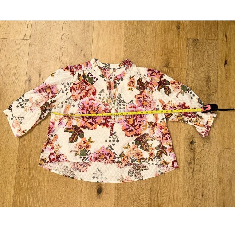 Pilcro Anthropologie Floral Surf Top Blouse Swiss Dot Henley Boho Pink Cream XL - Picture 7 of 12